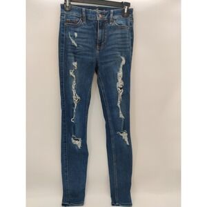 Hollister High Rise Ripped Skinny Jeans Women's Blue Denim Distressed Size‎ 0R